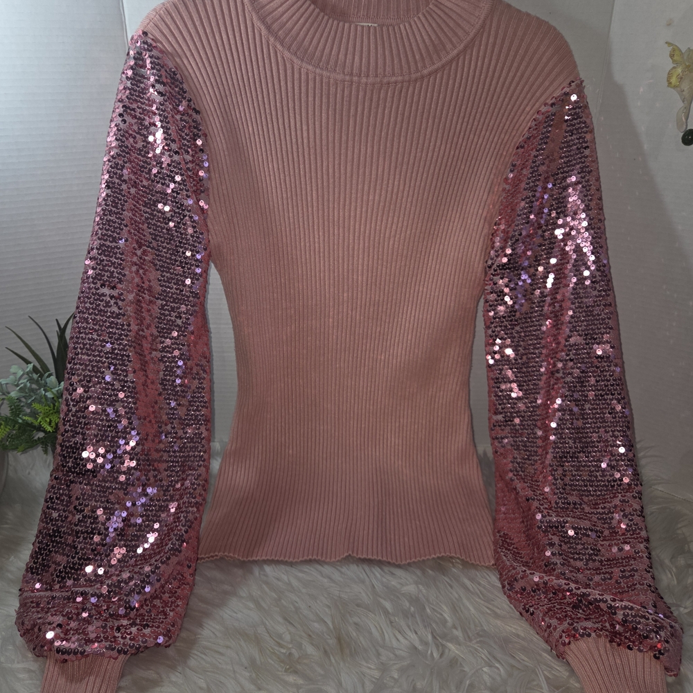 Cherie Collette Pink Sequin Long Sleeve Knit Sweater, Size L